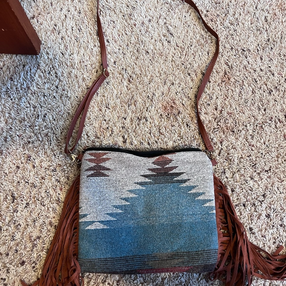 Bohemian Fringe Crossbody Bag - Blue and Brown